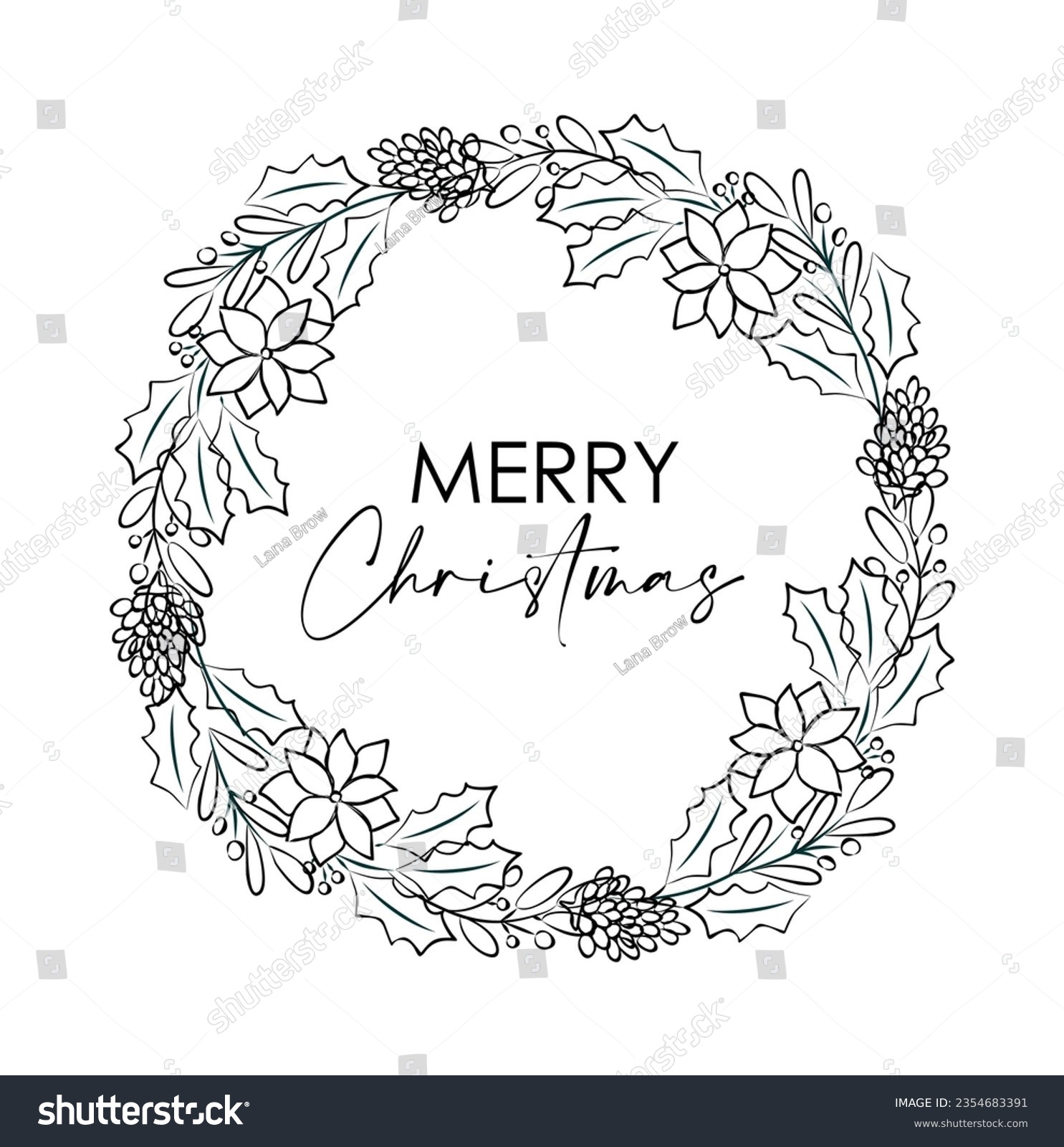 SVG of Christmas wreath with holly berries, mistletoe, pine, fir branches, cones, rowan berries, poinsettia flowers hand drawn black ink style sketch. Vector illustration isolated on white background svg