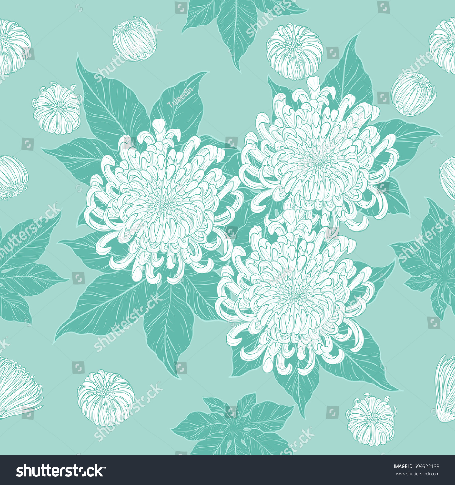 Chrysanthemum Pattern On Green Backgroundflower Wallpaper Stock