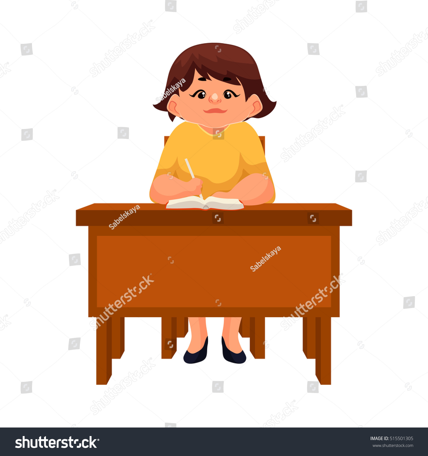 Chubby School Girl Sitting Desk Listening Stock Vector Royalty