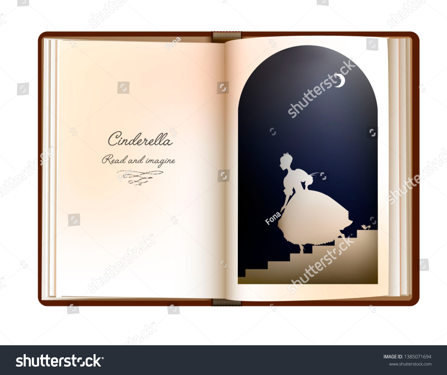 SVG of Cinderalla story idea, reading and imagination concept, vintage empty book page looks like arch window with cindarella silhouette, vector svg