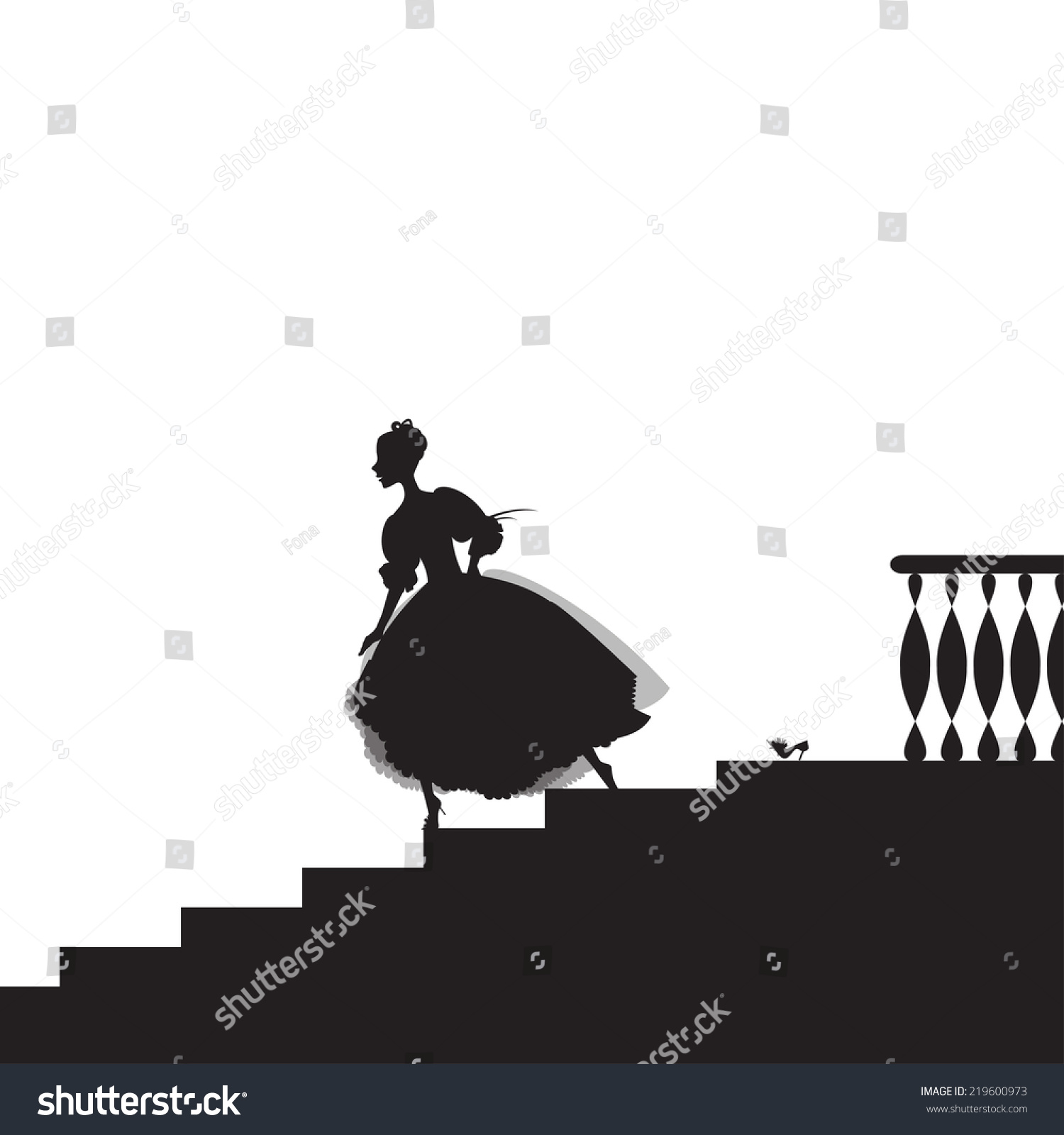 SVG of Cinderella looses her shoe, run from dance, girl rashes down stairs, shadows, fairytale svg