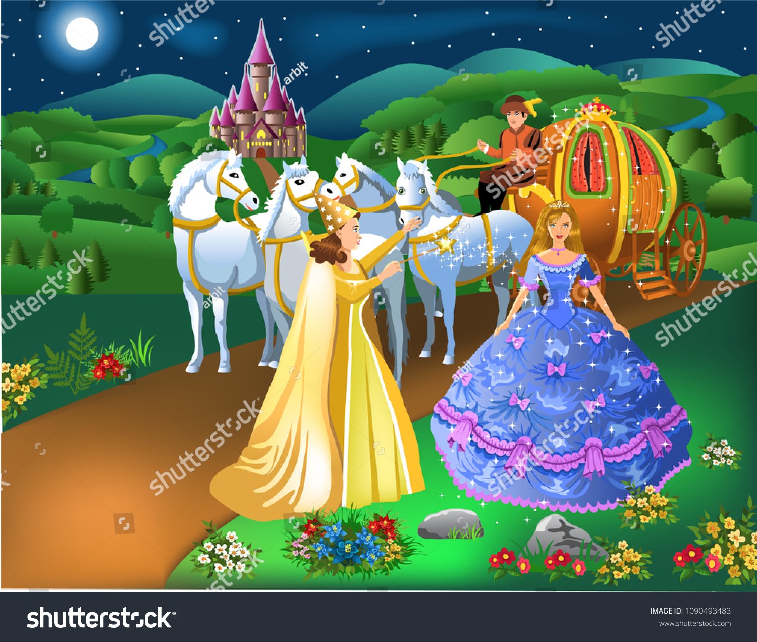 SVG of Cinderella scene with godmother fairy transforming pumpkin into carriage with horses and the girl into a princess svg