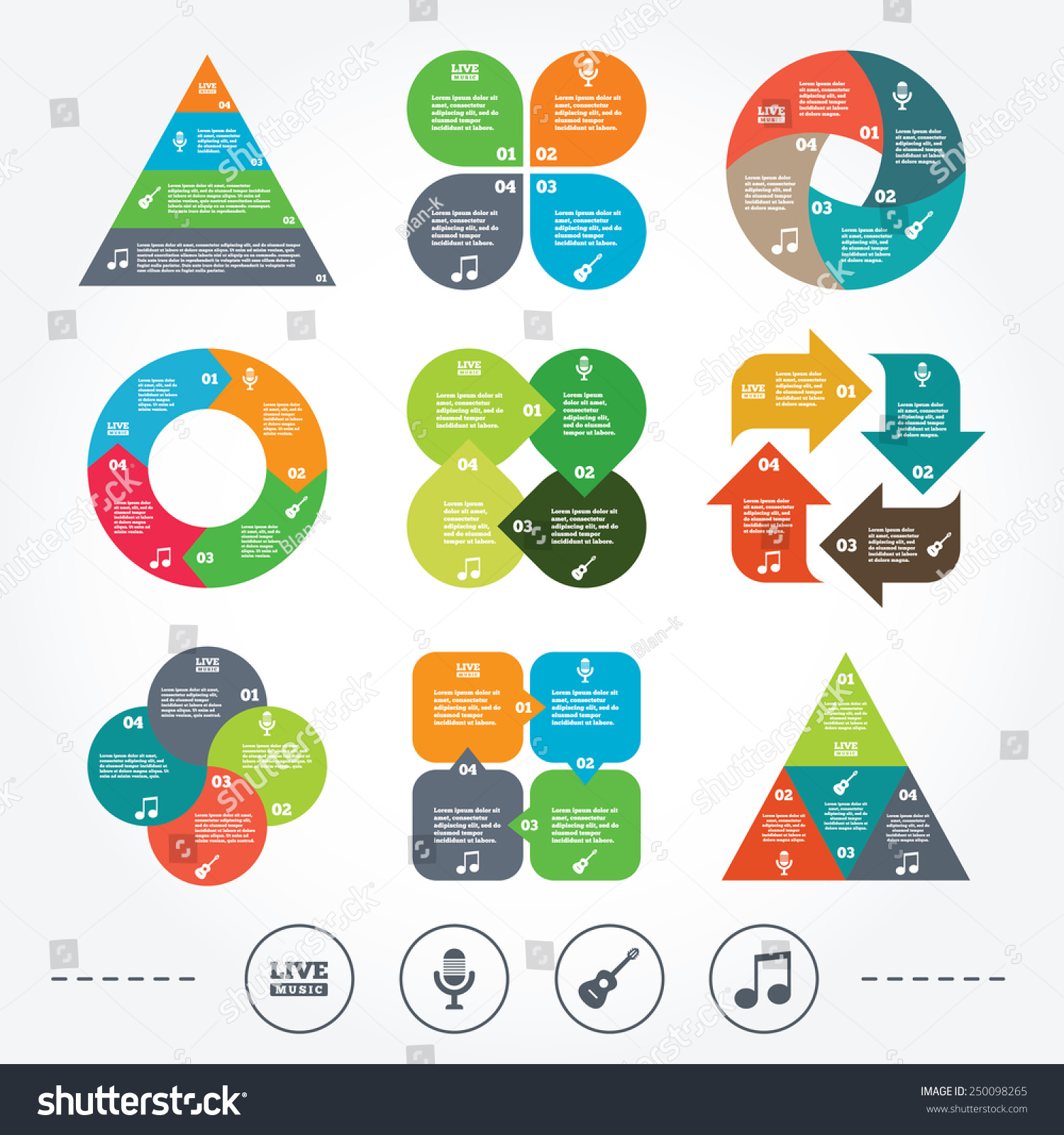 Circle and triangle diagram charts. Musical elements icons. Microphone and Live music symbols.