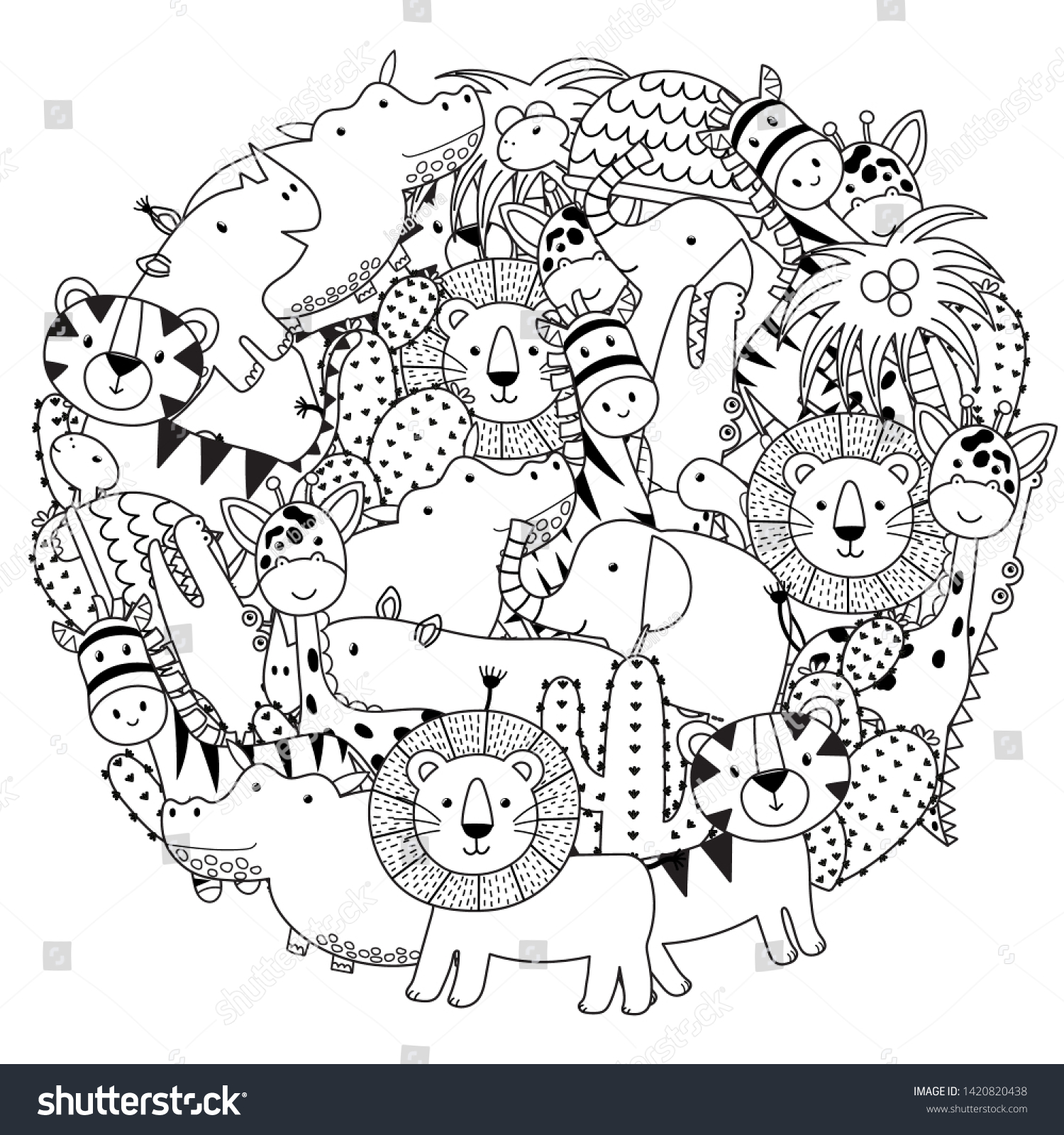 SVG of Circle shape coloring page with funny safari animals. Black and white print. Vector illustration svg