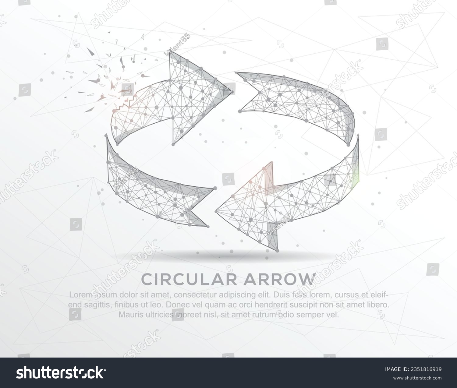 SVG of Circular arrow abstract mash line and composition digitally drawn in the form of broken a part triangle shape and scattered dots low poly wire frame. svg