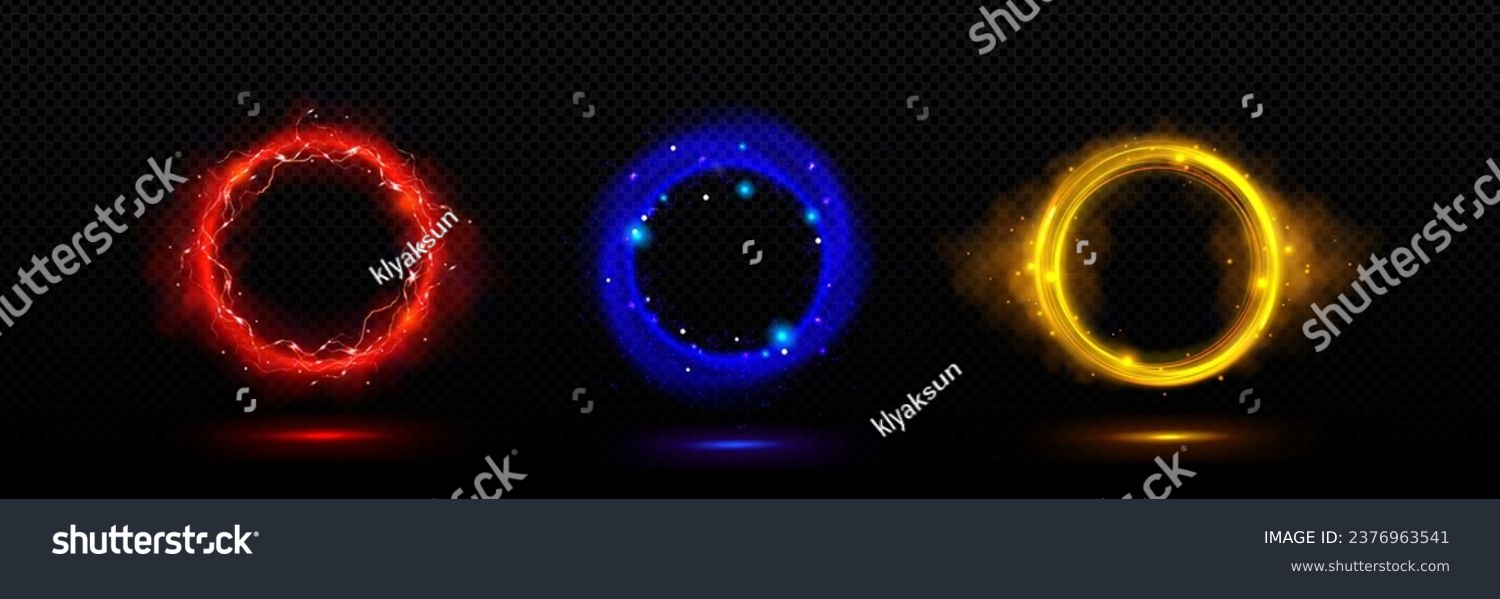 SVG of Circular fantastic portal with light neon effect. Realistic vector illustration set of colorful glowing neon rings - magic gateway for traveling in space or time. Luminous teleport power technology. svg