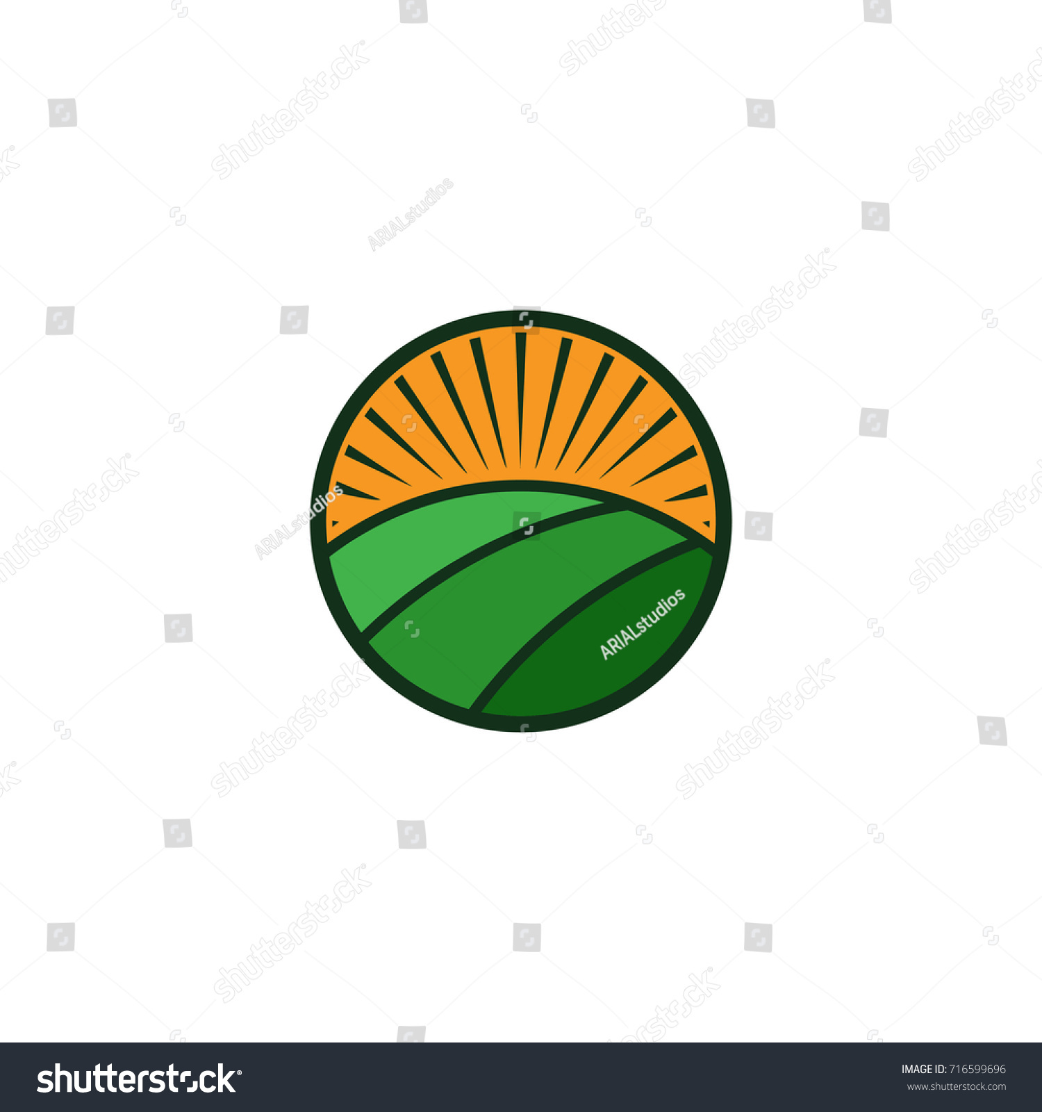 SVG of Circular farm logo. Sun rays over field and crops. Natural, organic, eco, farm, fresh, icon svg