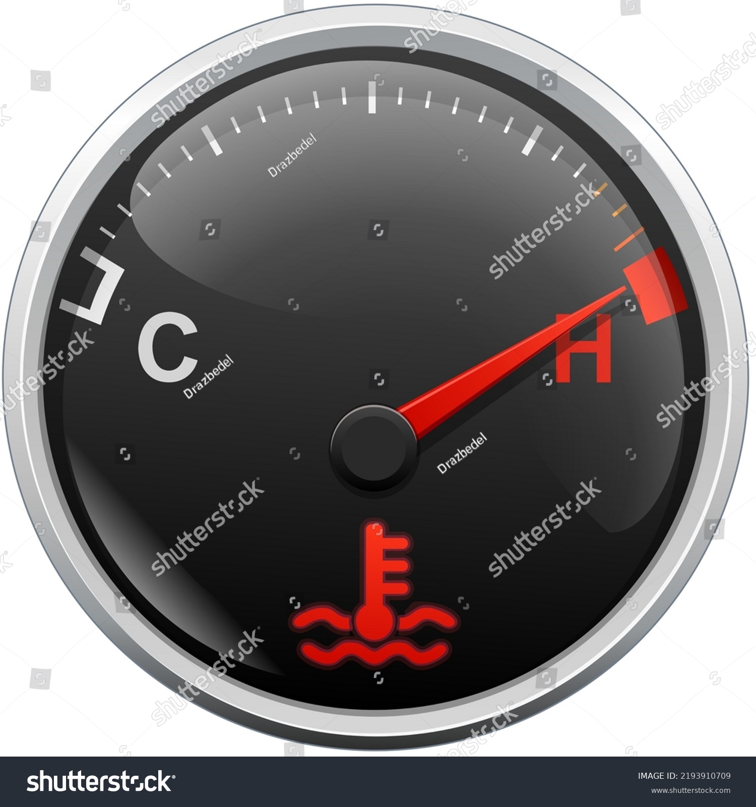 SVG of Circular gauge with a black background and white marking with a red needle indicating overheating of a vehicle's engine, the warning light with the symbol of overheated oil is illuminated in red svg