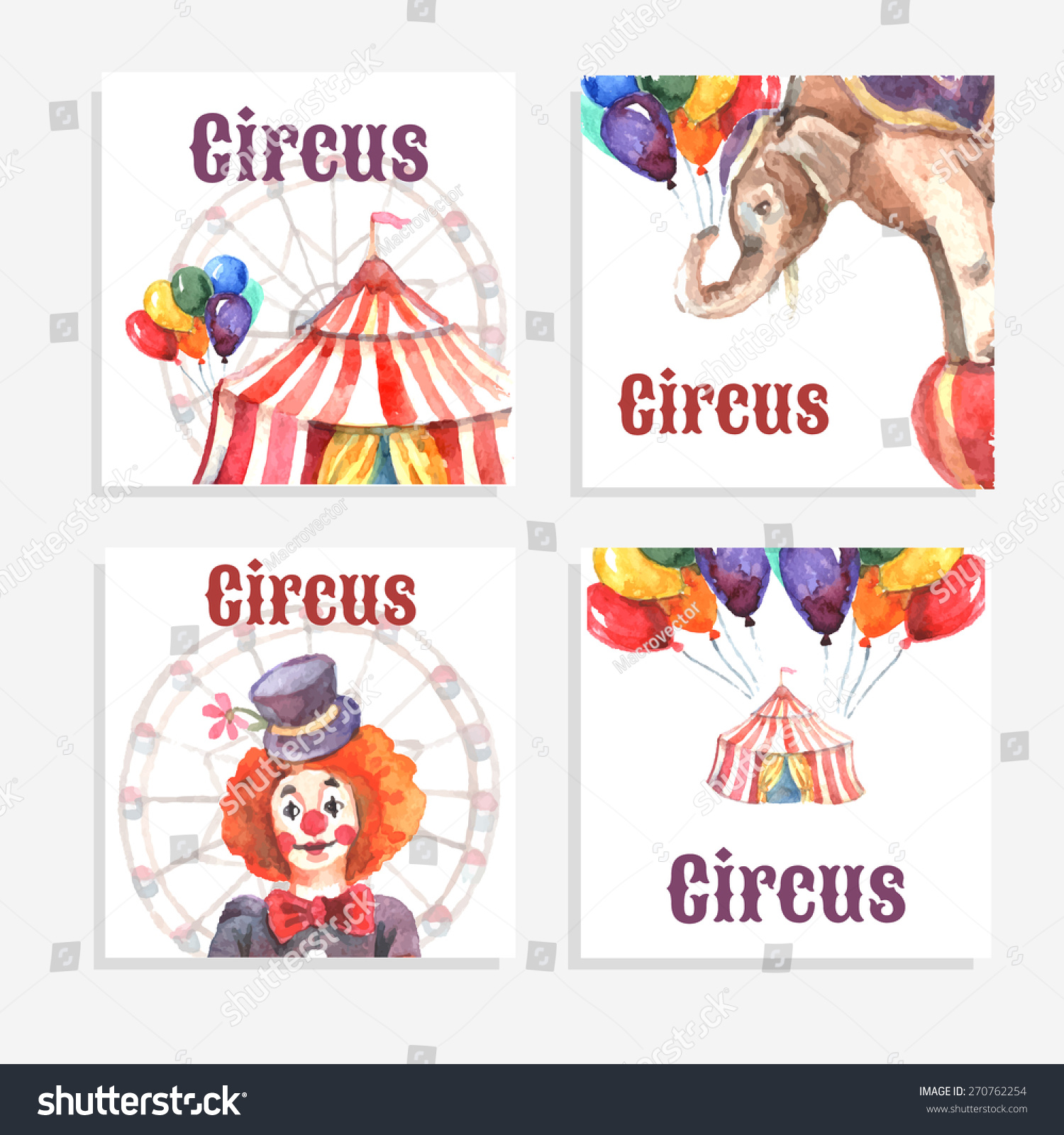 Circus Card Set Watercolor Animals Balloons Stock Vector (Royalty Free ...