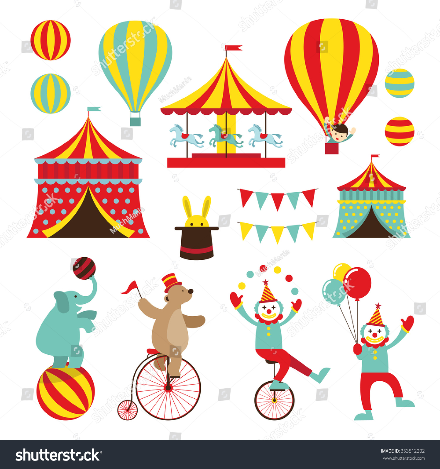 Circus Objects Flat Icons Set Amusement Stock Vector 353512202 ...