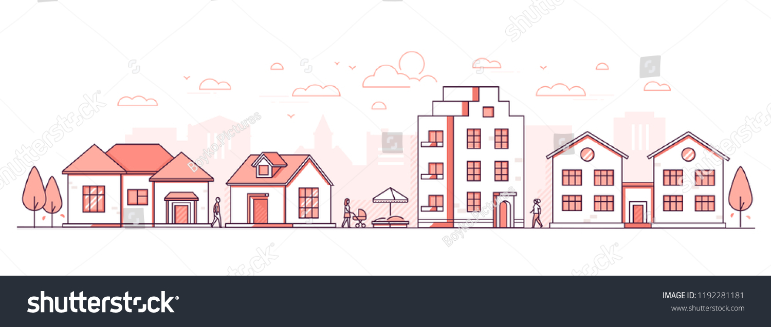 SVG of City life - modern thin line design style vector illustration on white background. Red colored high quality composition, landscape with facades of buildings, cottage houses, sandbox, people walking svg