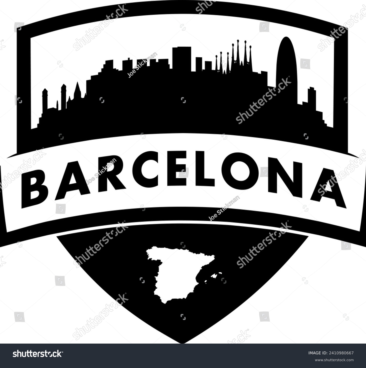 SVG of City of Barcelona Spain black and white shield style city buildings silhouette shield graphic with knockout white outline of the state border shape under name. Vector eps design.  svg