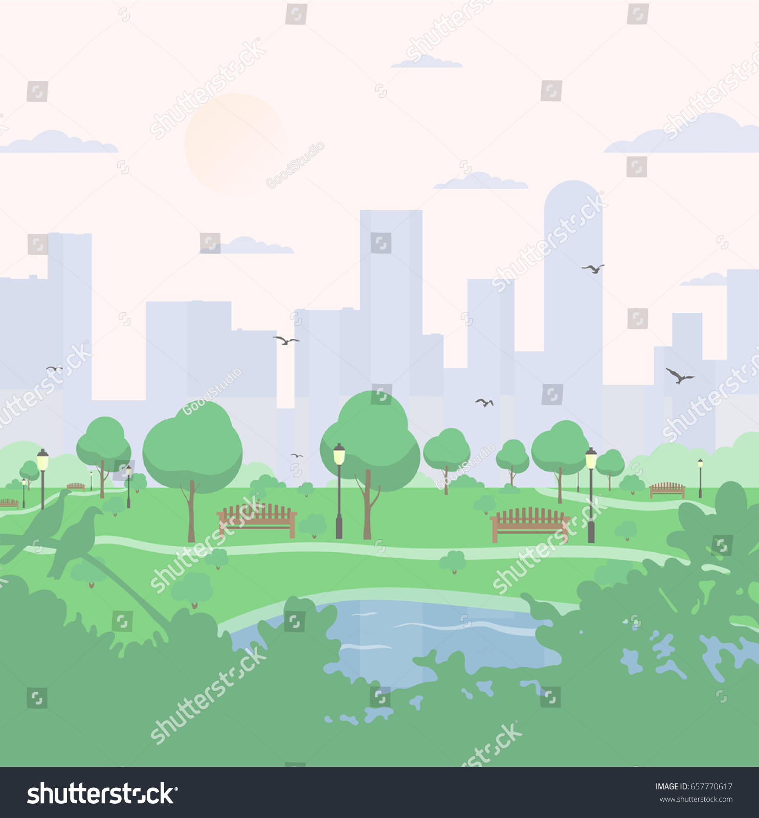 City Park On Highrise Buildings Background Stock Vector 657770617 ...