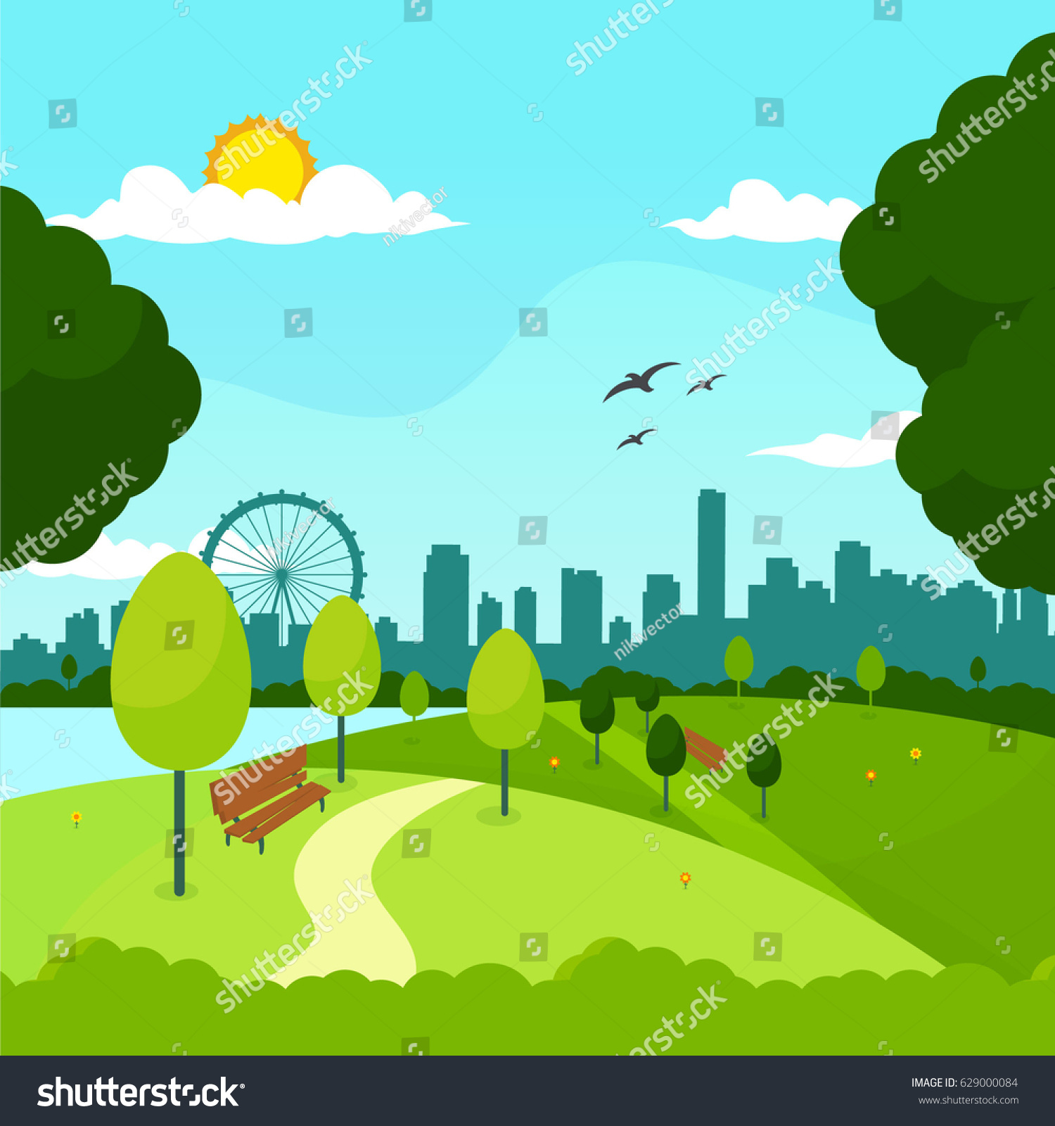 City Park Vector Nature Landscape Stock Vector (Royalty Free) 629000084