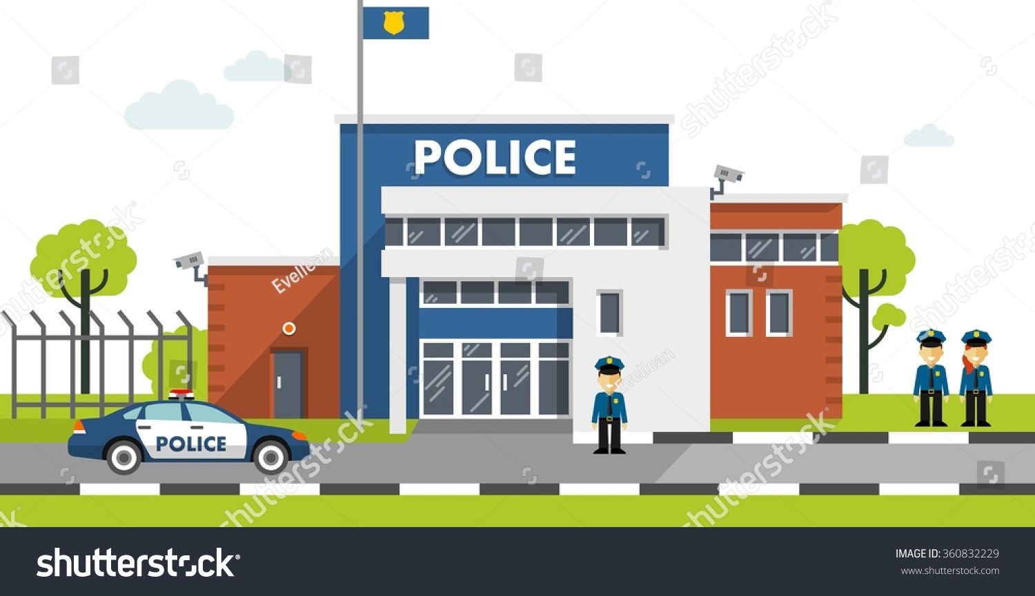 Stock Vector City Police Station Department Building In Landscape With Policeman And Police Car In Flat Style 360832229 