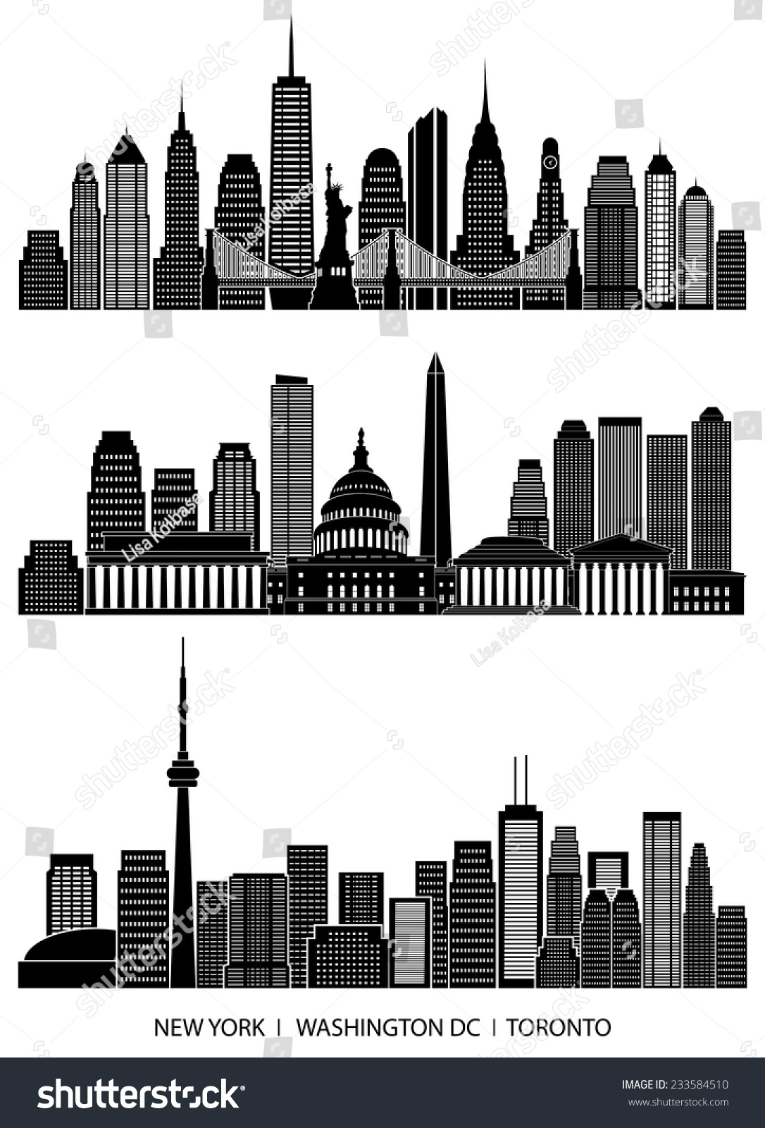 SVG of City skyline detailed silhouette set (New York, Washington DC, Toronto). Vector illustration svg