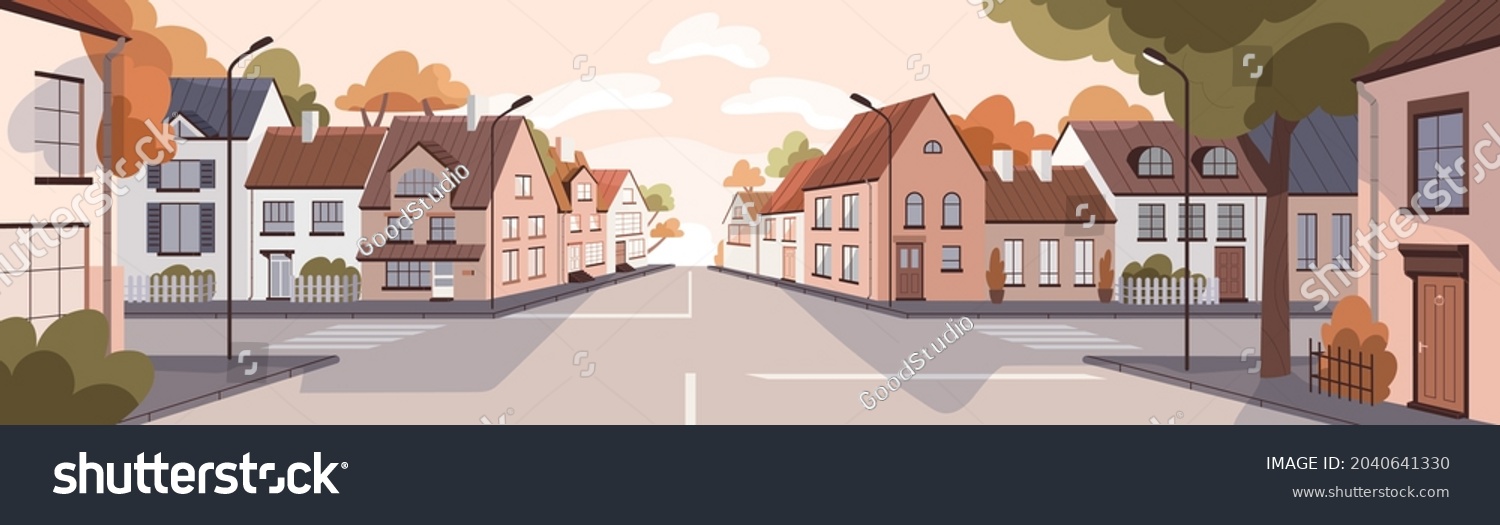 SVG of City street at sunset in summer. Town panorama with road, sidewalk, houses in urban residential district. Empty cityscape background with buildings, trees and skyline. Colored flat vector illustration svg