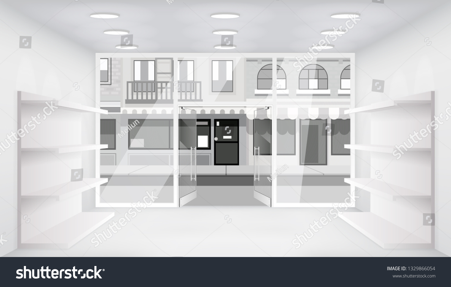 Download City Street Open Doors Store Interior Stock Vector Royalty Free 1329866054 PSD Mockup Templates