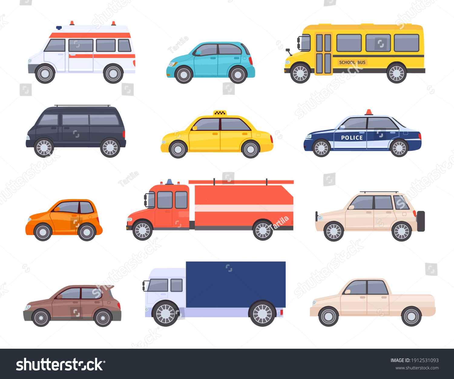 SVG of City transport cars. Urban car and vehicles, taxi, school bus, ambulance, fire engine, police and pickup truck. Flat automobile vector set. Isolated public cars for first aid transportation svg