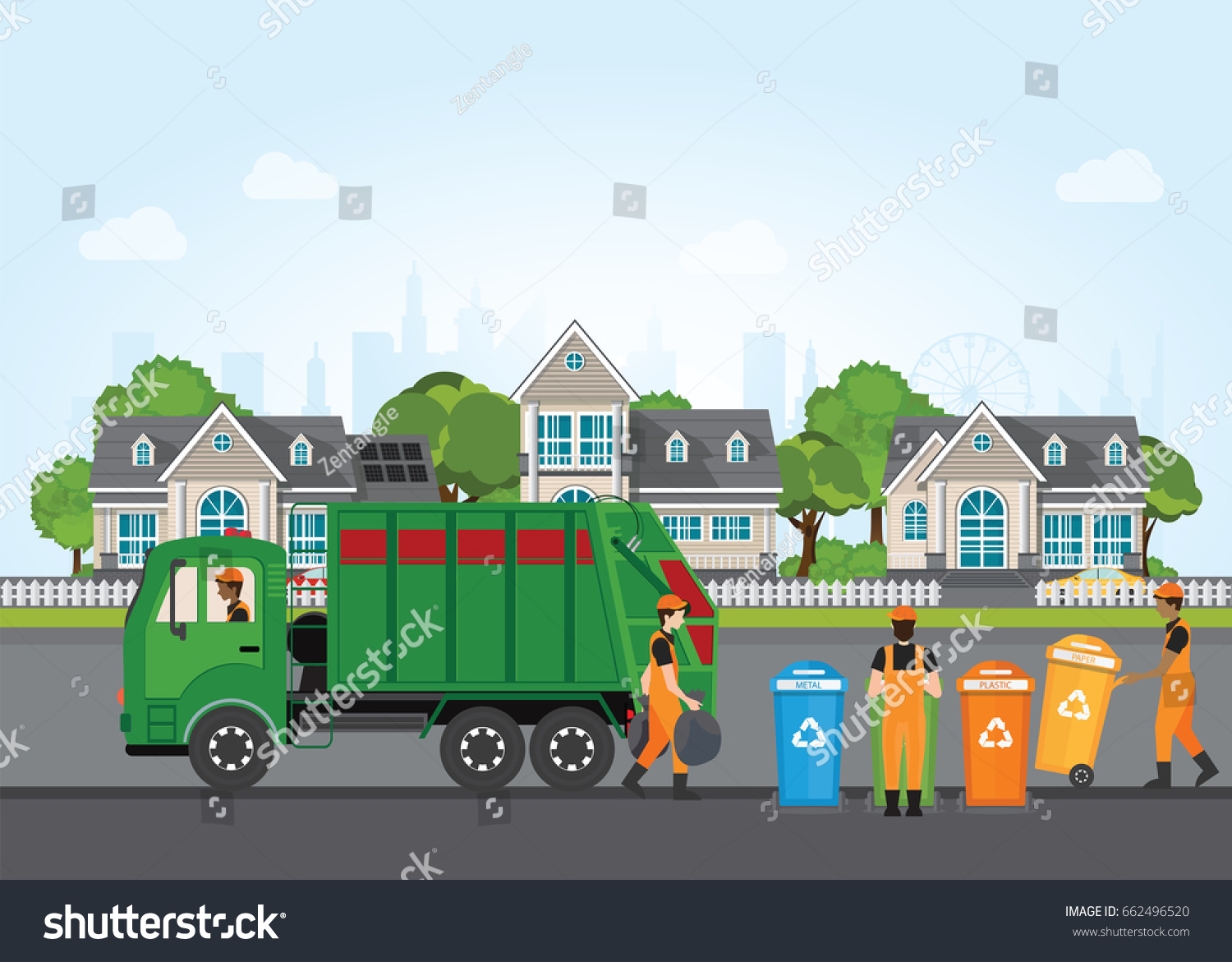 村の風景の背景にごみ収集車とごみ収集車を使った都市のごみリサイクルのコンセプト フラットデザインのベクターイラスト のベクター画像素材 ロイヤリティ フリー