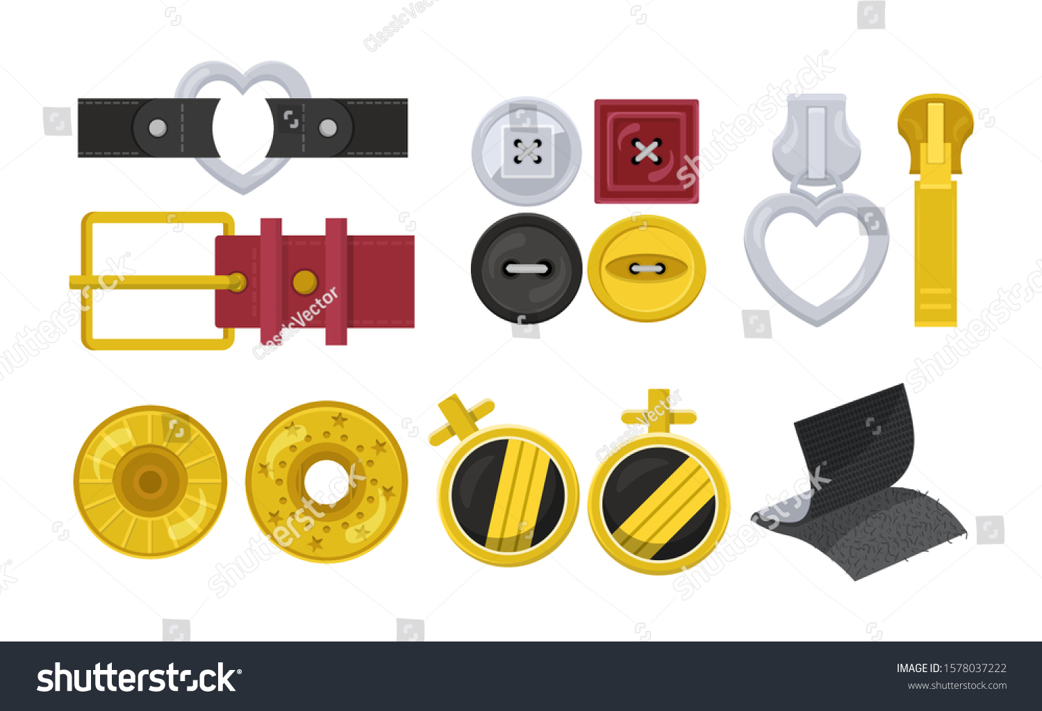SVG of Clasps design elements flat set isolated on white. Carabiner, hook or snap for bag, belt. Buckle leather, tabs, straps. Cufflinks, buttons different shapes and materials. Vector cartoon illustration svg