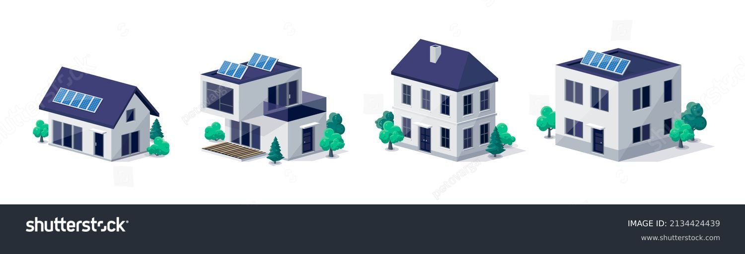 SVG of Classic and modern family house residential apartment buildings. Real estate home property. Contemporary standard suburban urban village style with gable and flat roof solar panels. Isolated vector. svg