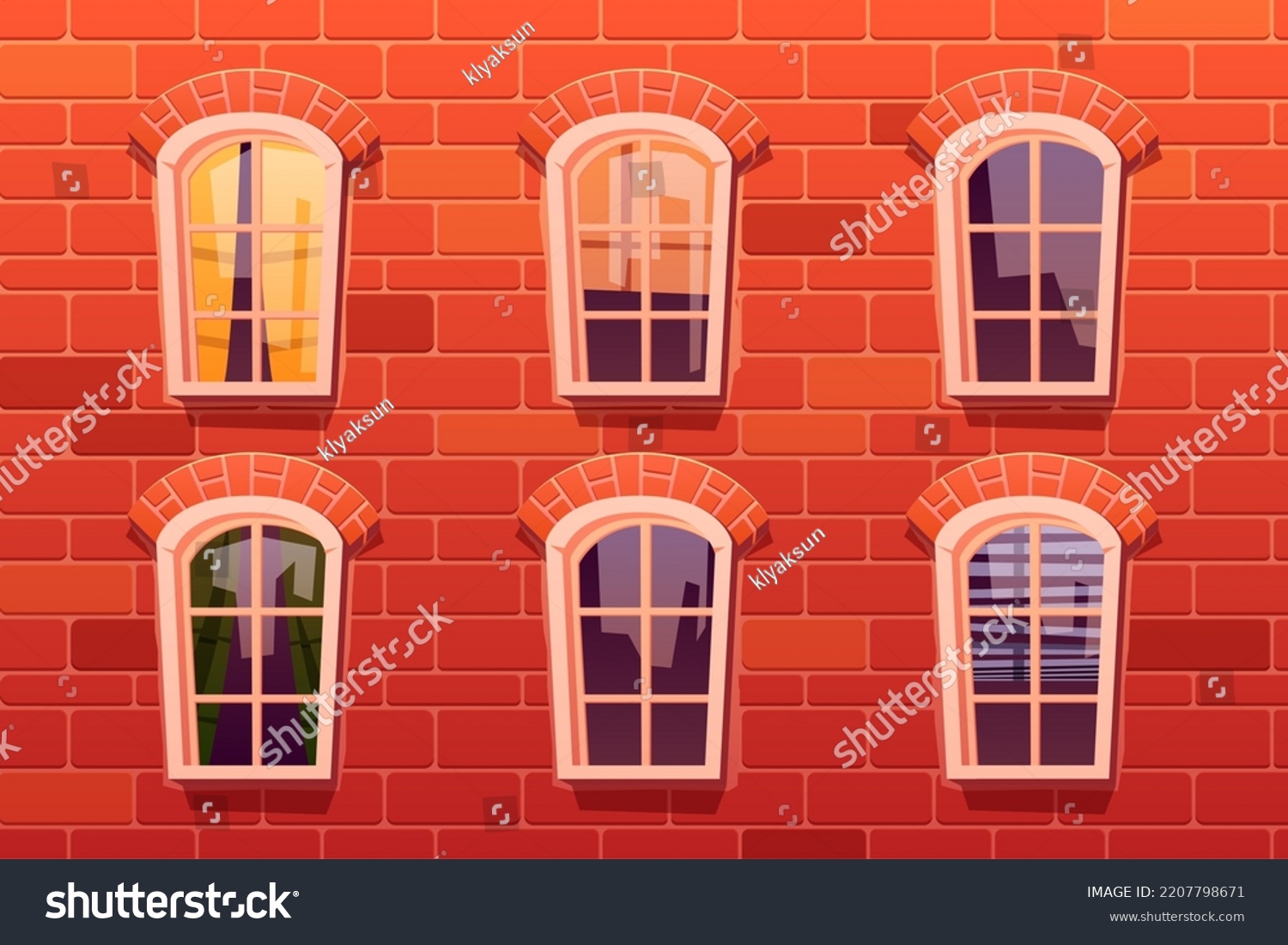 SVG of Classic arched windows on red brick wall with curtains and blinds, city reflection in glass. Cartoon vector illustration of apartment building facade. Urban architecture background. Real estate svg