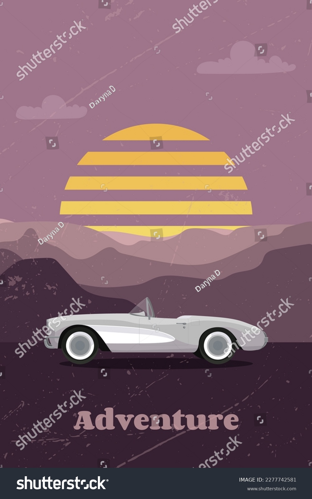 SVG of Classic corvette car around mountains, sunset. Adventure poster in retro style. Vector illustration svg