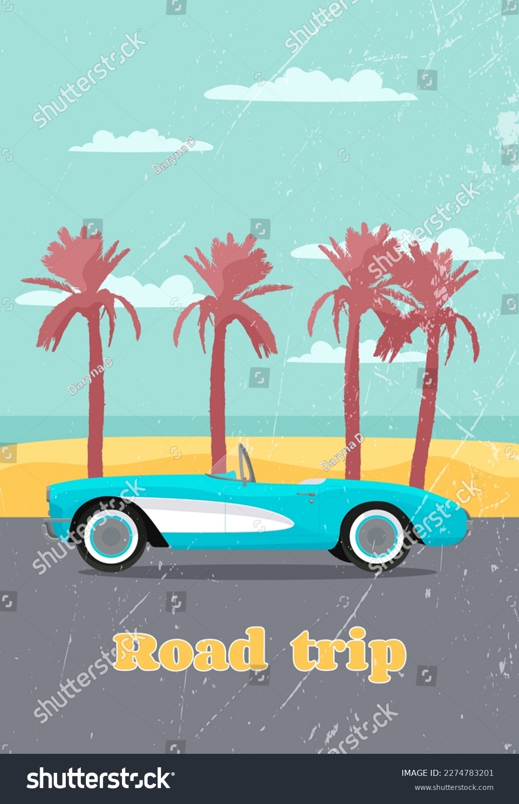 SVG of Classic corvette car around palms and ocean. Summer road trip poster in retro style. Vector illustration svg