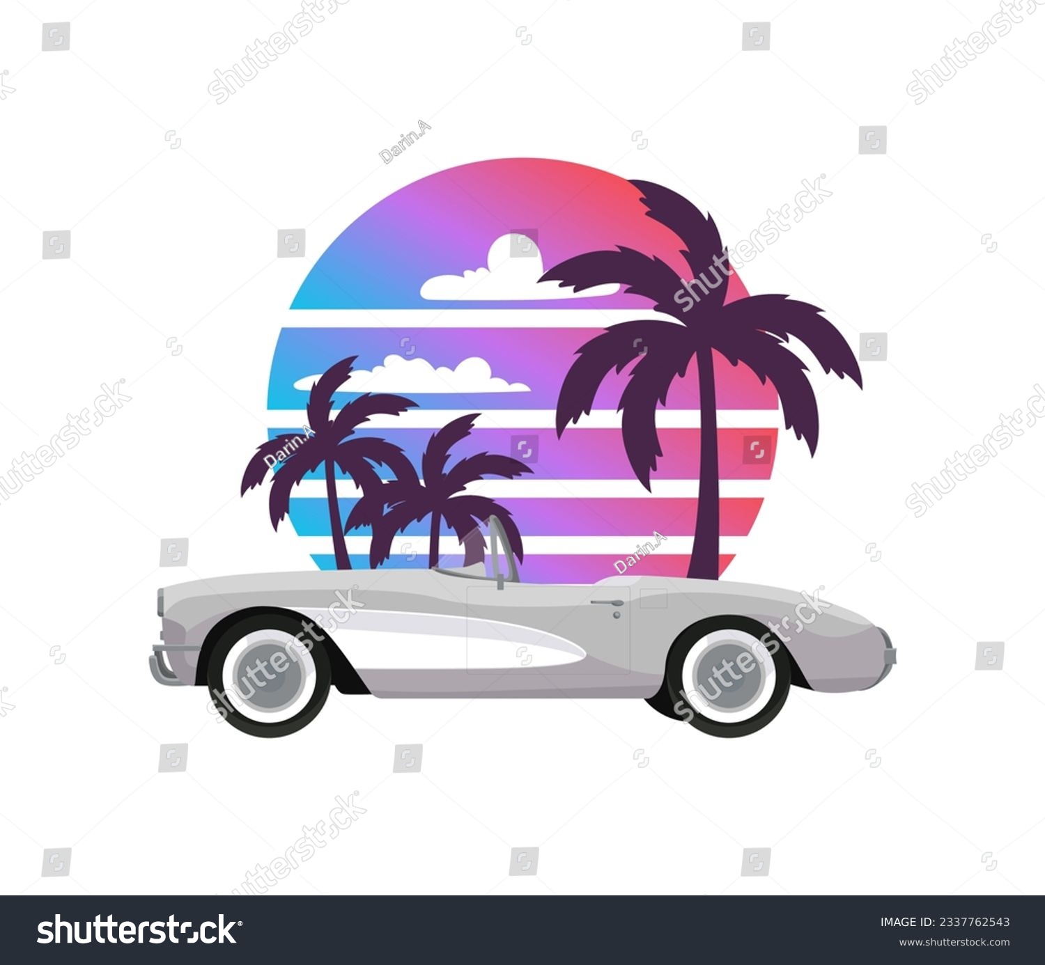 SVG of Classic corvette car on summer sunset with palm trees background in retro vintage style. Design print illustration, sticker, poster. Vector svg
