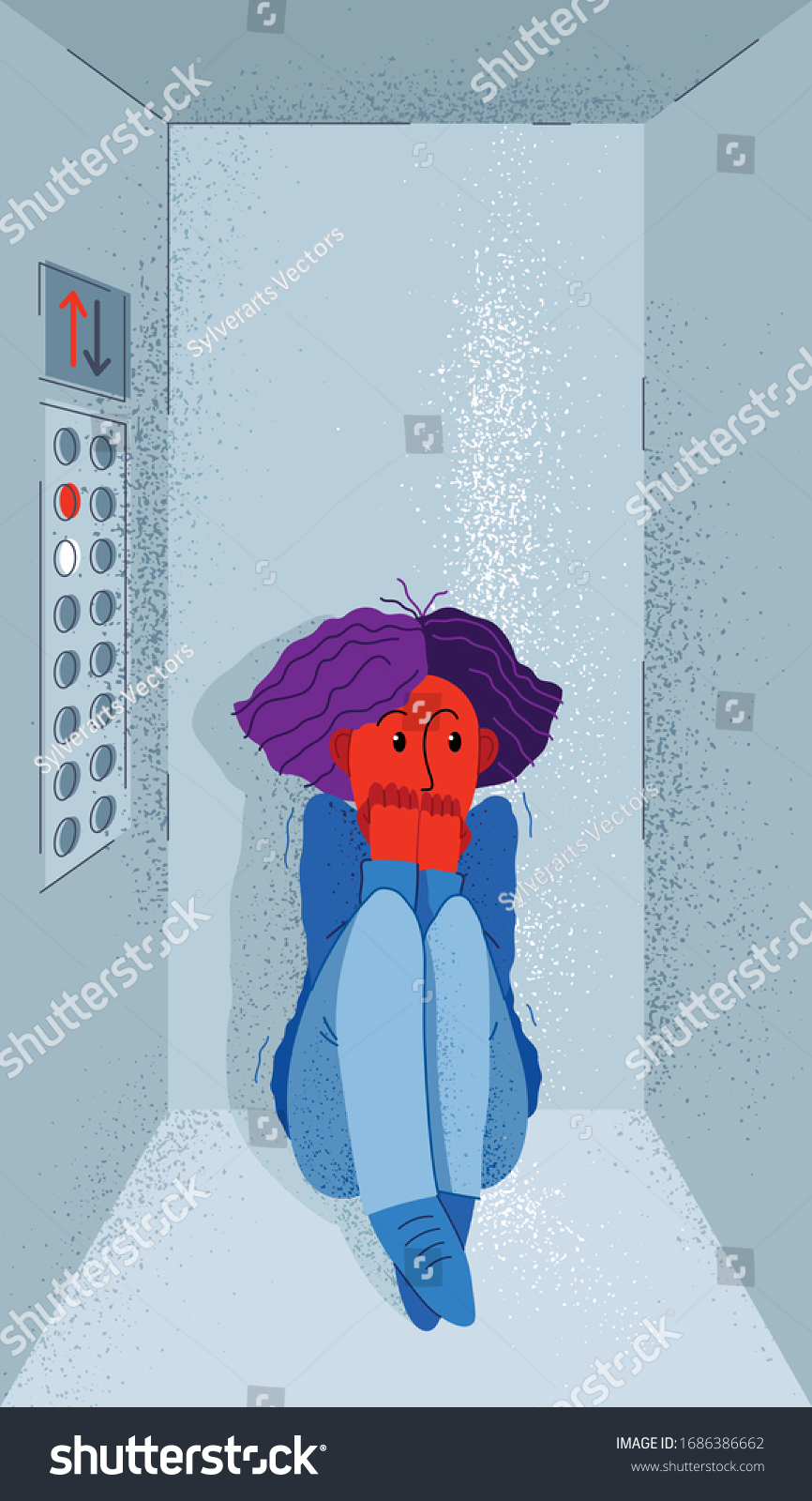 閉ざされた空間に対する閉所恐怖症の恐怖と 逃げ道のベクターイラストがない女の子は エレベーターで閉じ込められ パニック発作におびえている のベクター画像素材 ロイヤリティフリー