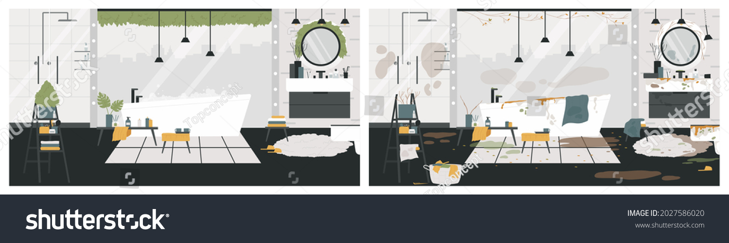 SVG of Clean and dirty bathroom interior in home apartment vector illustration. Cartoon mess, dirt on walls, bathtub and mirror, water on floor before and bath room after sanitary cleaning background svg