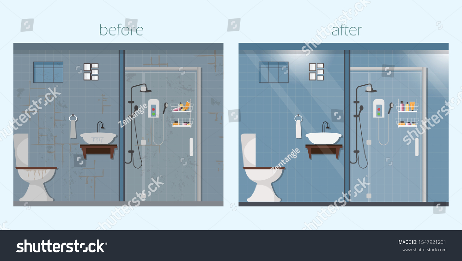 SVG of Clean and dirty bathroom interior with furniture, toilet sink bath and accessories in a modern style. Flat vector illustration. svg