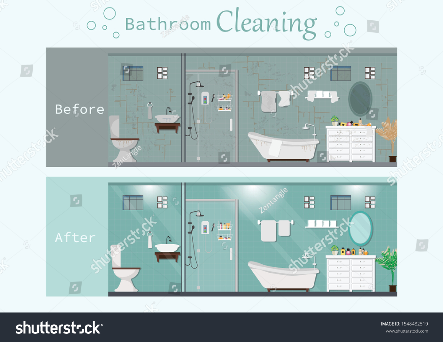 SVG of Clean and dirty bathroom interior with modern furniture, toilet sink bath and accessories in a modern style. Flat vector illustration. svg