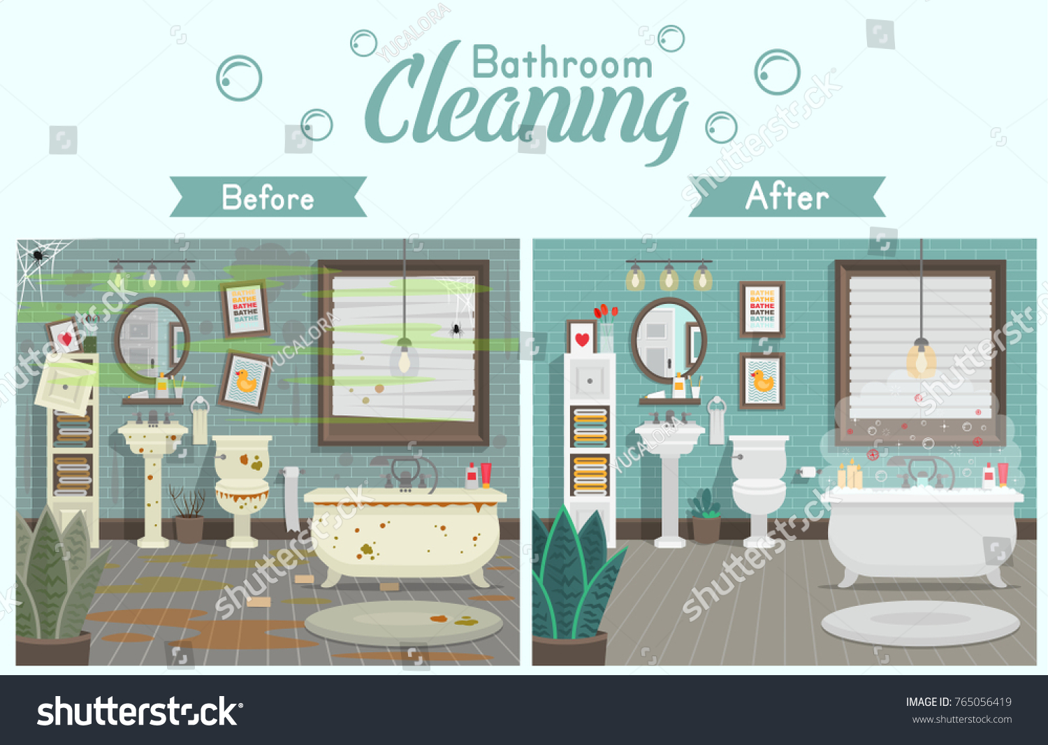 SVG of Clean and dirty bathroom with toilet sink bath and accessories in a modern style. A concept for cleaning companies. Before and After Cleaning. Flat vector illustration. svg