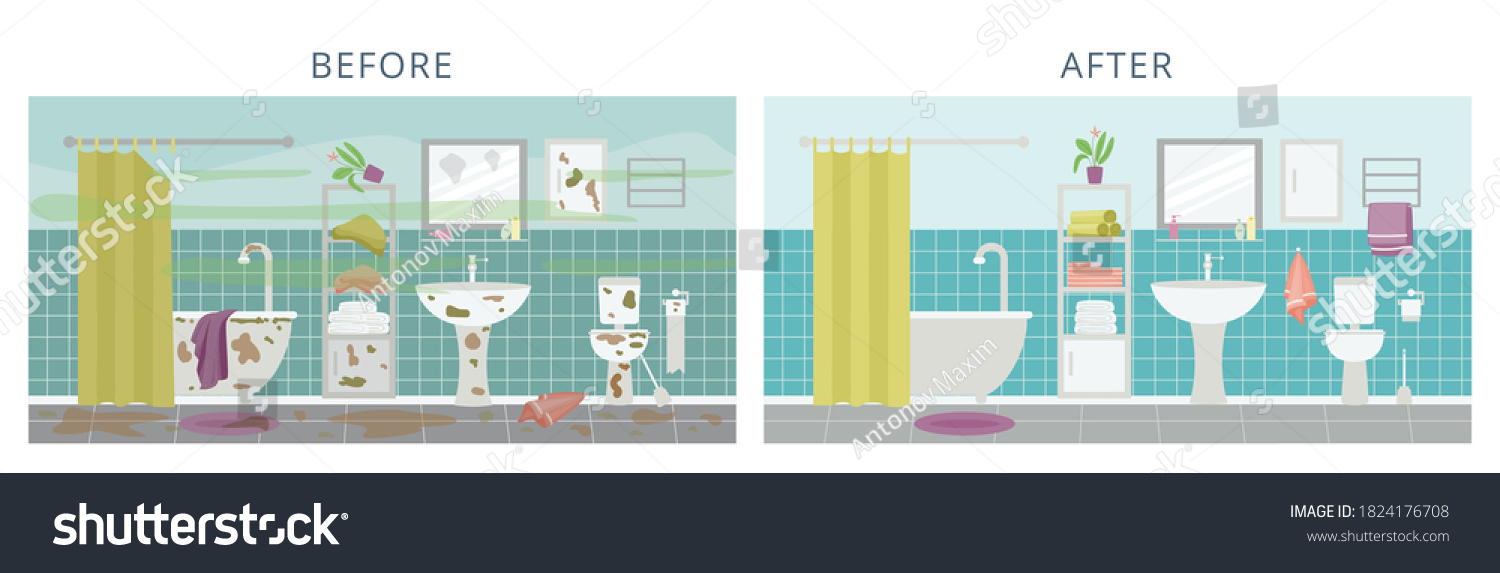 SVG of Clean and dirty modern bathroom interior. Banner for advertising cleaning service. Room in the house before and after cleaning. Flat vector illustration. svg