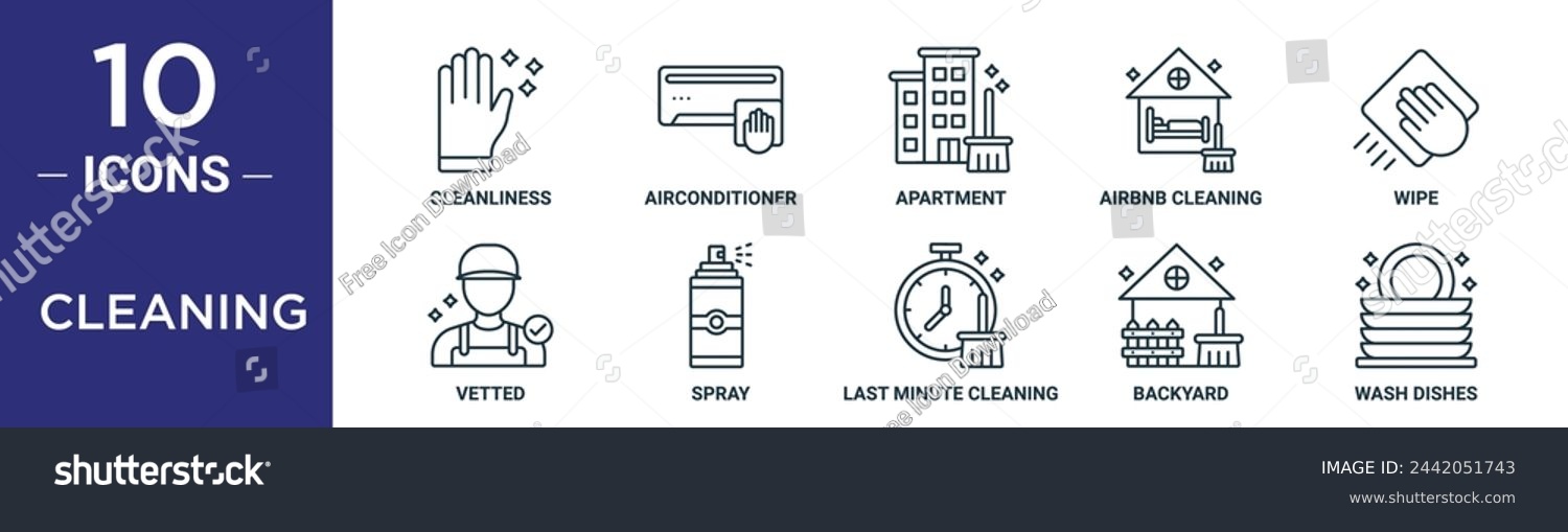 SVG of cleaning outline icon set includes thin line cleanliness, airconditioner, apartment, airbnb cleaning, wipe, vetted, spray icons for report, presentation, diagram, web design svg