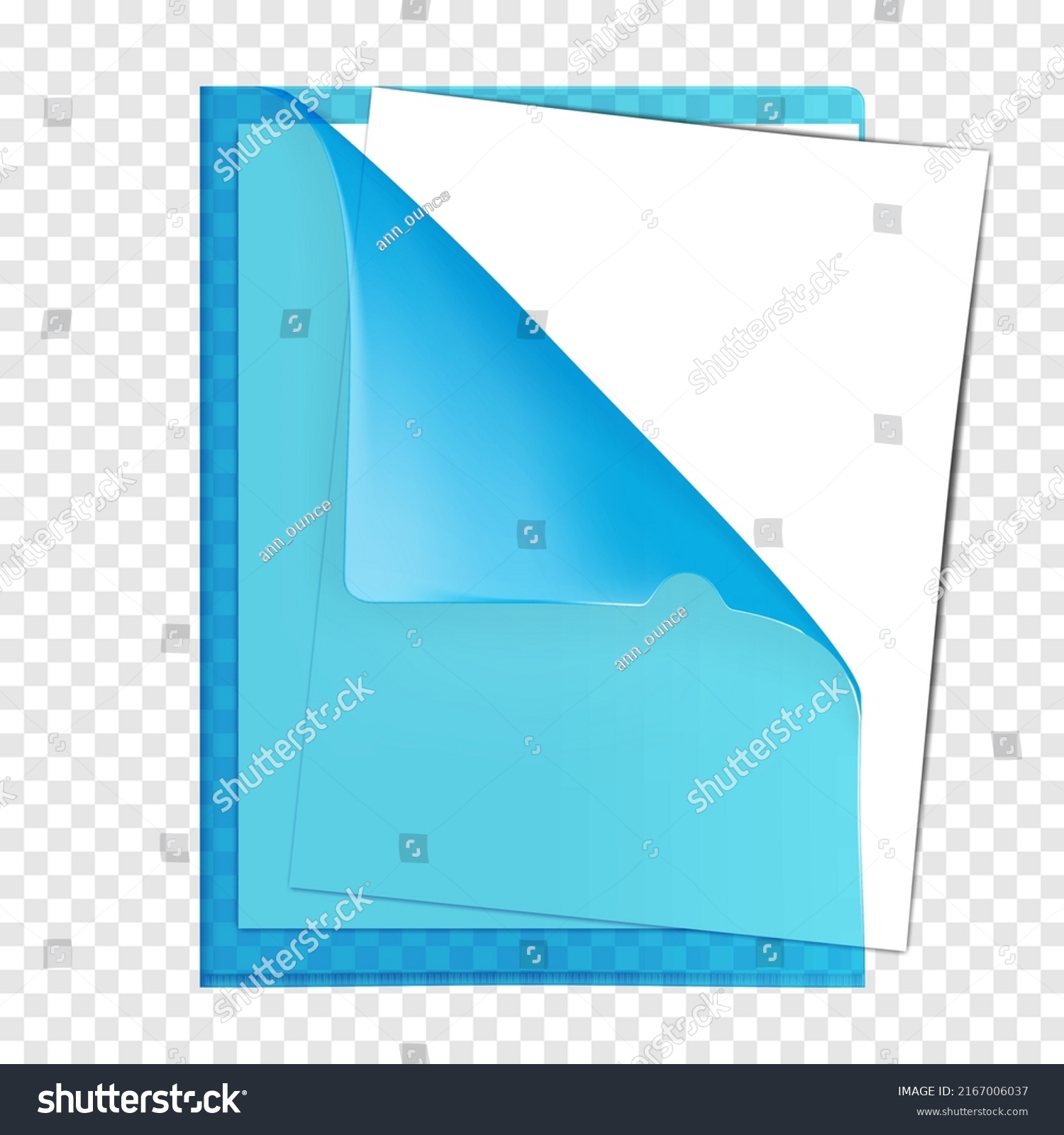 SVG of Clear blue color plastic project pocket with white blank paper sheets inside realistic mockup. PVC file sleeve folder with folded corner vector template svg