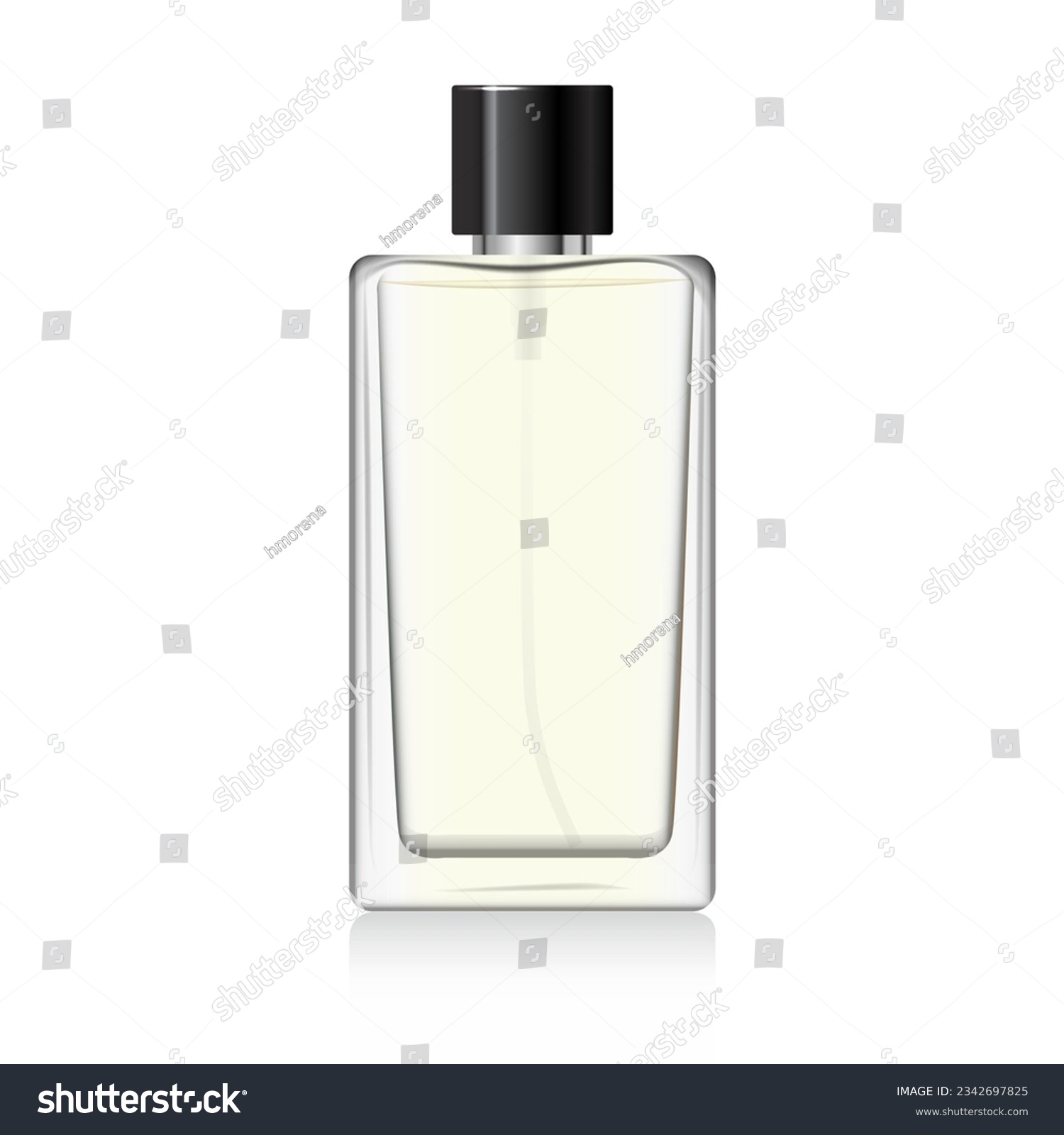 SVG of Clear glass perfume bottle mockup with silver black spray and cap. 3d vector rectangular shape bottle for fragrance. Packaging for beauty product. Cosmetic bottle. Realistic bottle mockup template svg