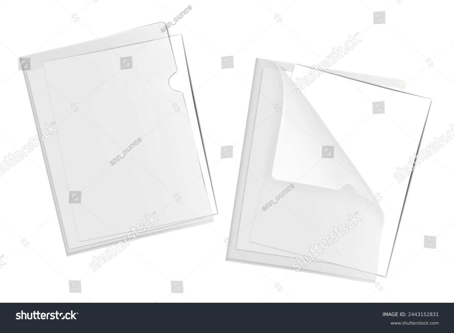 SVG of Clear plastic L-shape file folder with white blank paper sheets inside. Realistic mockup. PVC corner document sleeve holder cover. Vector mock-up svg