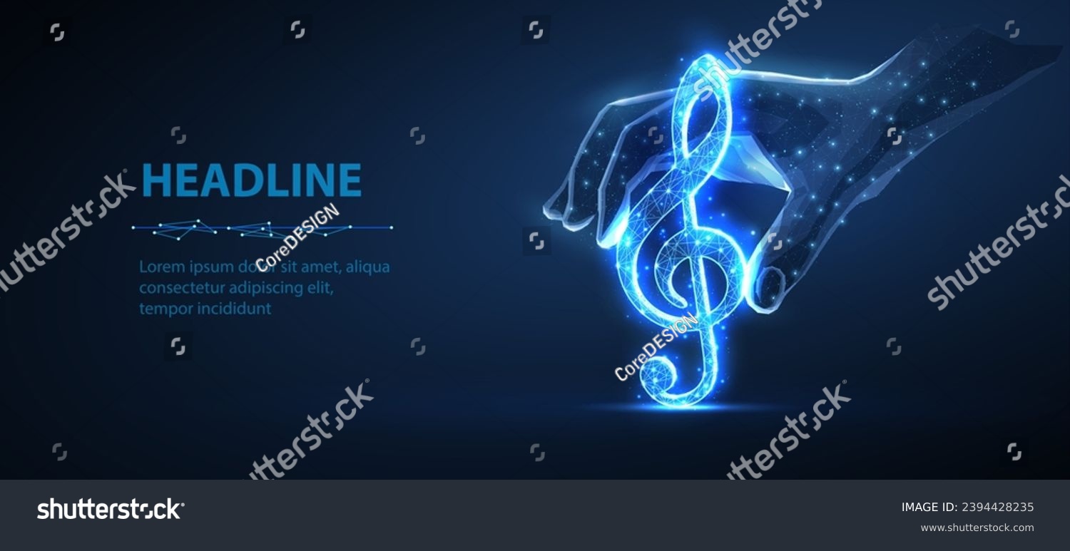 SVG of Clef treble in digital hand on blue. AI generated music, digital music, Orchestra entertainment, Modern technology, Music school symbol, Key tune, Treble note, artificial art concept svg