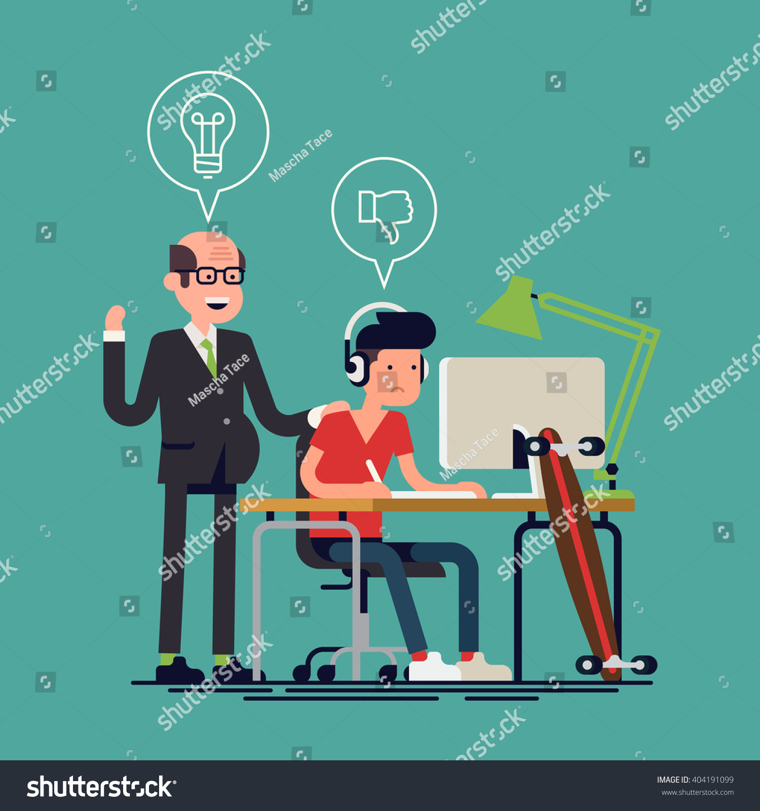 Client and designer working on project cool vector concept illustration. Client giving feedback on designer work process. Unhappy designer dislikes client's ideas. Criticism and feedback in freelance