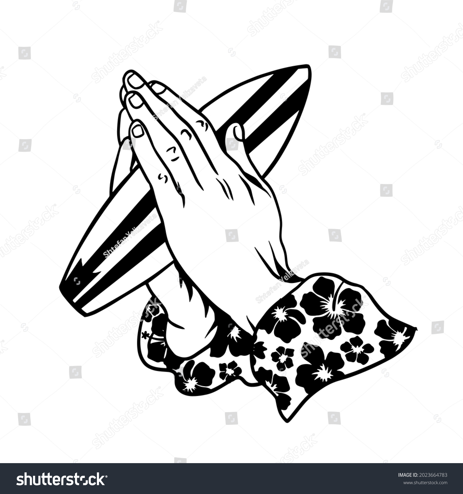 SVG of Clipart illustration praying for the waves. Hands of a praying person. He holds a surfboard in his hands. svg