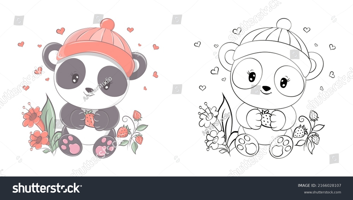 SVG of Clipart Panda Multicolored and Black and White. Cute Clip Art Panda with Strawberry. Vector Illustration of an Animal for Stickers, Baby Shower, Coloring Pages, Prints for Clothes svg