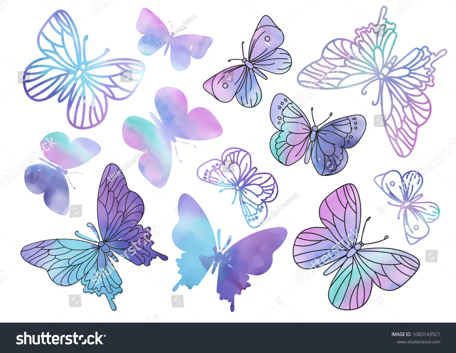 クリップアートの紫の蝶カラーベクターイラスト バビーブックのスクラップブックやカードや写真の子どものアルバムにデジタルプリントを使用した マジック漫画の画像セット のベクター画像素材 ロイヤリティ フリー