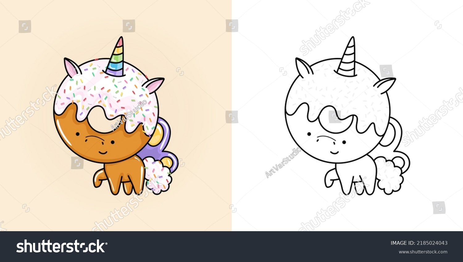 SVG of Clipart Unicorn Multicolored and Black and White. Cute Clip Art Unicorn Donut. Vector Illustration of a Kawaii Animal for Stickers, Baby Shower, Coloring Pages, Prints for Clothes.
 svg