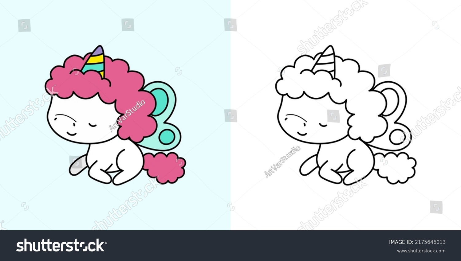 SVG of Clipart Unicorn Multicolored and Black and White. Cute Clip Art Unicorn. Vector Illustration of a Kawaii Animal for Stickers, Baby Shower, Coloring Pages, Prints for Clothes.  svg
