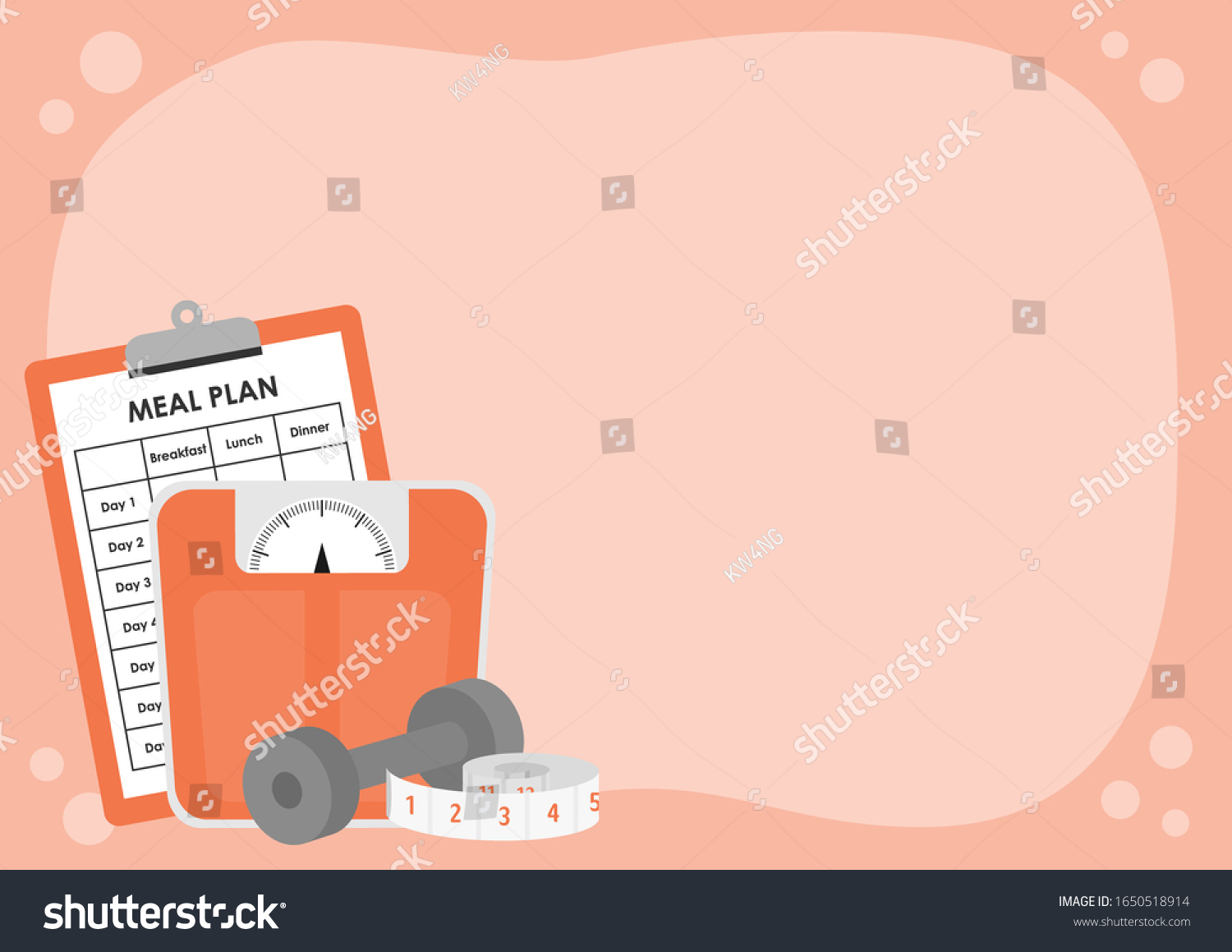 SVG of Clipboard with meal plan schedule, weight scale, dumbbell and measuring tape on orange background with copy space. Wallpaper for healthcare, healthy diet and nutrition concept. Vector illustration. svg