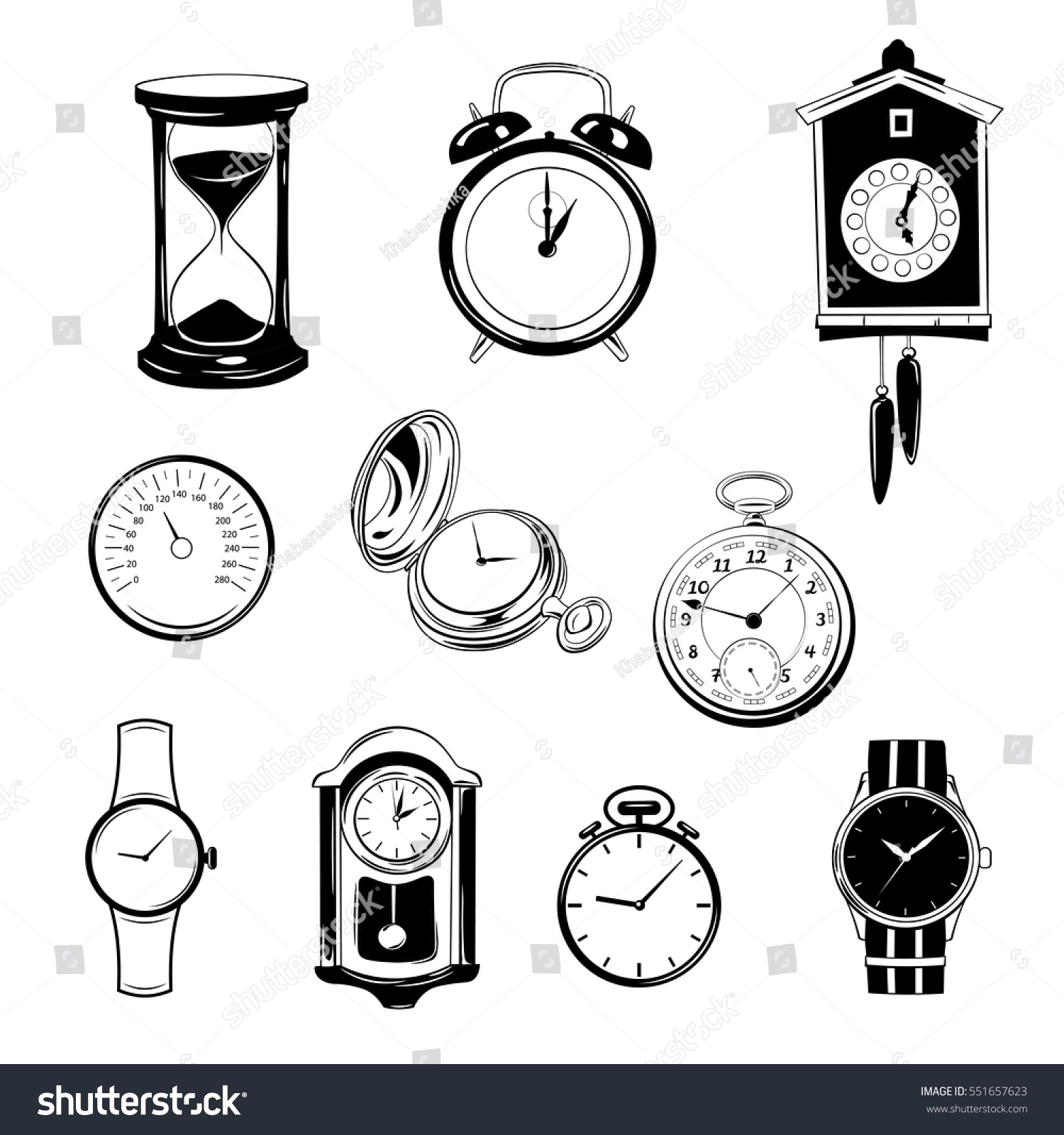 Clock Watch Collection Black White Isolated Stock Vector 551657623 ...