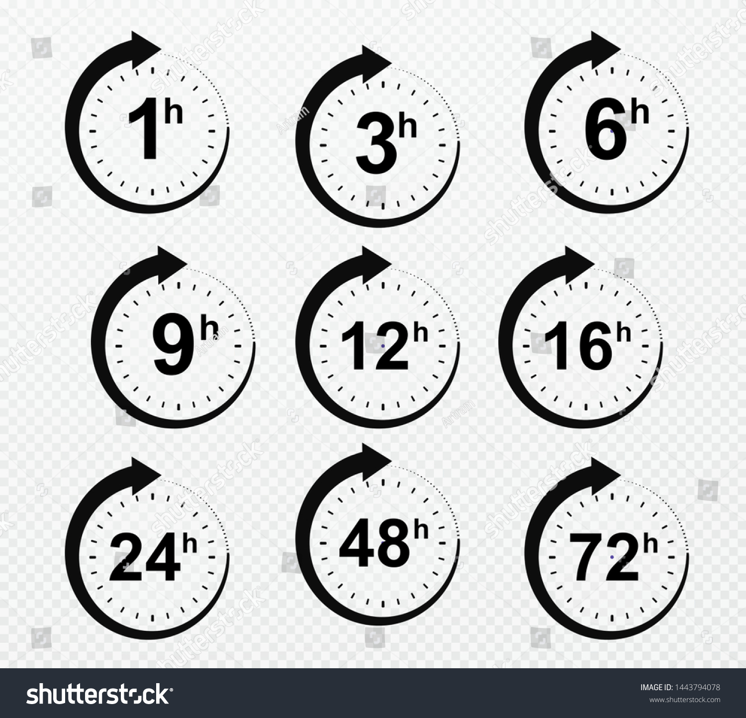 SVG of Clock arrow 1, 3, 6, 9, 12, 16, 24, 48, 72 hours. Set of delivery service time icons. svg